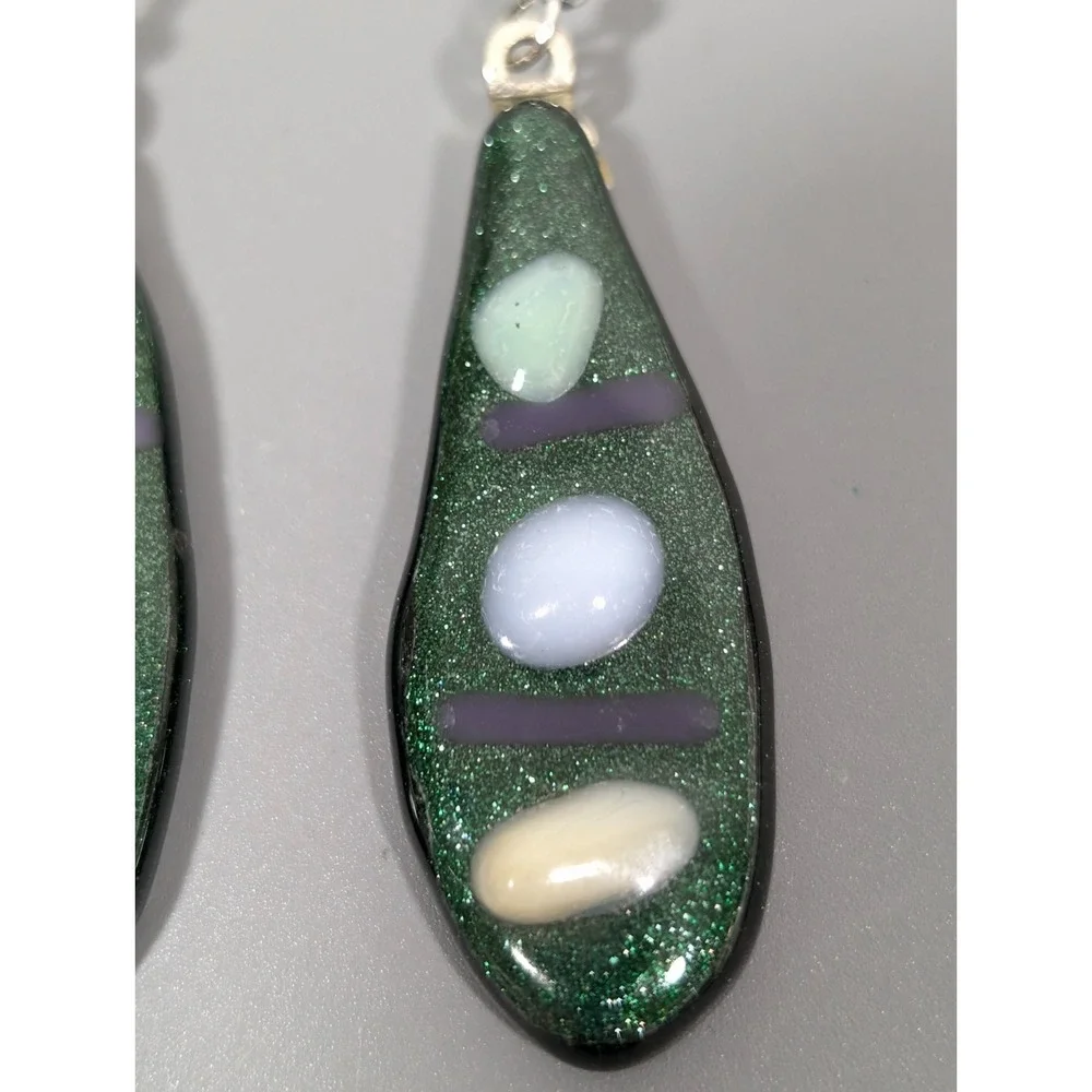 Handmade Fused Glass Green‎ Blue Teardrop Dangle Earrings Artisan